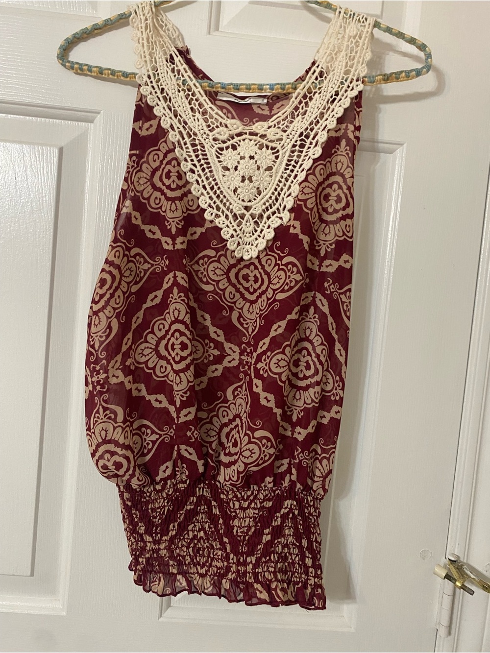 Papaya Burgundy and Cream Crochet-Trim Mini Dress